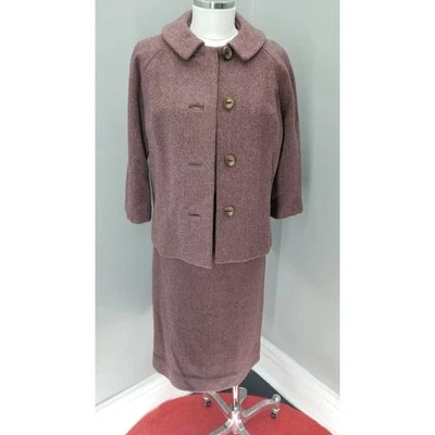 60s Vintage Burgundy Wool Blend Tailored Power Suit, Jacket & Skirt - XS - Image 1 of 4