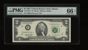 DBR 1995 $2 FRN Atlanta Gem STAR Fr. 1936-F* PMG 66 EPQ Serial F00051312* - Picture 1 of 2