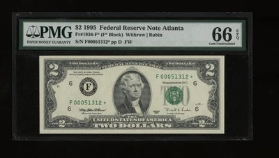 DBR 1995 $2 FRN Atlanta Gem STAR Fr. 1936-F* PMG 66 EPQ Serial F00051312* - Image 1 of 2