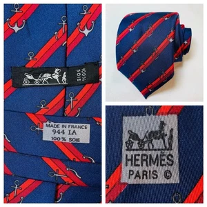 Hermes Paris Silk Necktie Navy Blue Red Anchor Nautical Pattern Luxury Mens - Picture 1 of 12