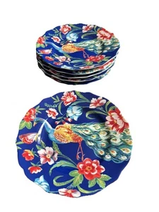 6pc Pier 1 Peacock Luncheon Salad/dessert Plates 8.5” Floral Scalloped Edge - Picture 1 of 9