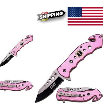 Faca dobrável Spring Assist com meia lâmina serrilhada de 3 polegadas e cabo rosa - Imagem 1 de 4