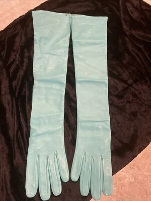 Gucci Leather Aquamarine/Blue Opera -Long  Gold G Logo Gloves Size L/8 New - Image 1 of 4