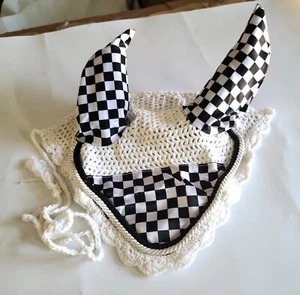 Black/White Checker Horse Fly Mask Bonnet Ears Air Flow Bugs Insects Mosquitoes - Picture 1 of 3