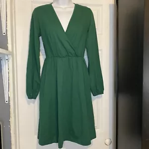 STYLEWORD V-Neck Long Puff Sleeve Swing Midi Dress Women Small Green W/Pockets - Picture 1 of 21