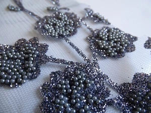GRAY 3D FLORAL EMBROIDERED WITH BEADS ON A MESH LACE - 1.75 YARDS - Picture 1 of 8