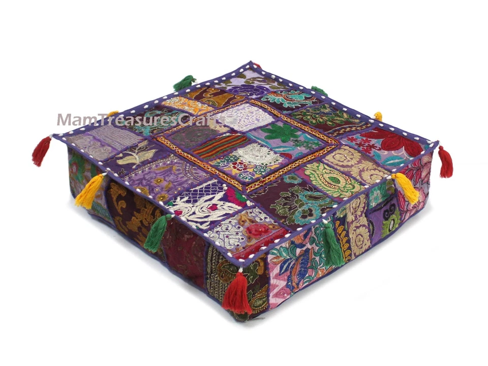 Purple Patchwork Square Floor Pillow Bohemian Decorative Pillow Vintage Cover AU - Image 1 of 4