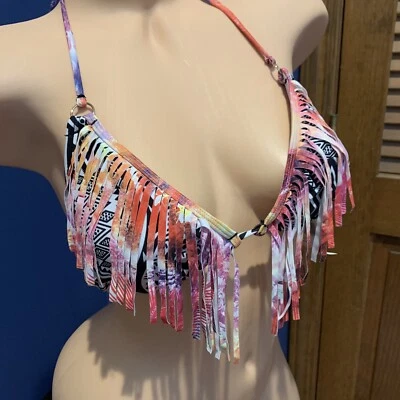 Raisins Bikini Top Sz S Black White Pink Triangle Bra Fringe Swimsuit P7842 - Image 1 of 4