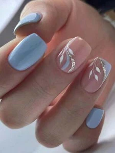24pcs Short Light Blue Leaf Pattern Fake Nail Set False Nails Press On Nails - Picture 1 of 6