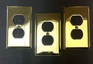 Vintage AmerTac Brass Polished Classic Design - Three (3) Outlet Plate Covers - Picture 1 of 3