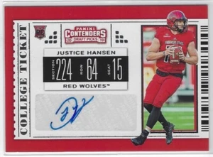 Panini Contenders Justice Hansen 2019 auto radiocontrol #269 Arkansas State Red Wolves - Imagen 1 de 2
