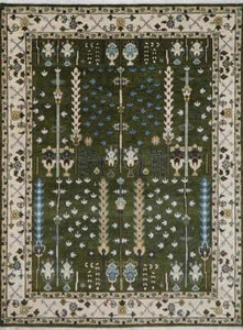 Handgefertigter Multi-Size Oushak Grün/Elfenbein Lebensbaum Teppich | Anpassbarer Teppich - Bild 1 von 9