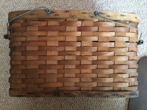 Picnic Basket Vintage with Wooden Top And Bottom very old with Metal Handles Cover