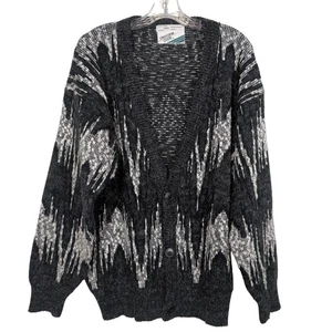 Vintage Uniform Code Cardigan Sweater Sz L Black White Abstract Knit wool nylon - Picture 1 of 15