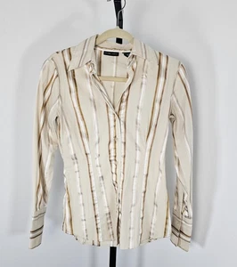 Women’s New York & Company Stretch Beige and Brown Striped Button Down Top SZ XS - Picture 1 of 10