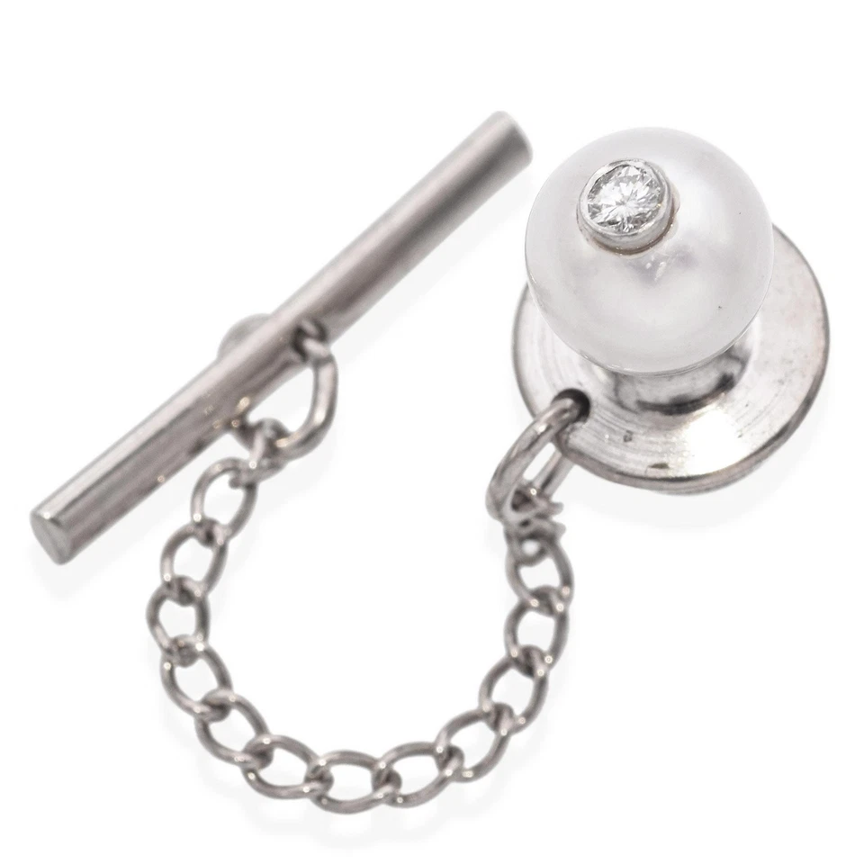 Corbata vintage de oro blanco de 14K con perlas y diamantes Foto 1 de 4