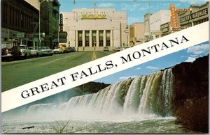 1960s GREAT FALLS, Montana Postcard CIVIC CENTER / Street Scene / Dam View - Picture 1 of 2