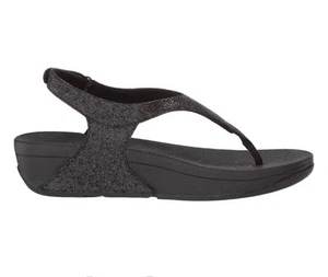 FITFLOP SIZE 6 BLACK GLITTER TOE POST SLINGBACK THONG STRAP SANDALS EUR 39 US 8 - Picture 1 of 4