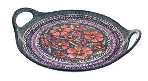 Blue Rose Polish Pottery Jungle Flower Round Serving Tray with Handles - Picture 1 of 1