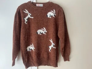 Vintage Brown Pure Wool Bunny Rabbit Sweater By Cheung Kee 80s 40"B Puff Sleeves - Picture 1 of 13