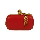 Alexander McQueen Red Leather Crystal Studded Gold Stabbed Skull Clasp Clutch
