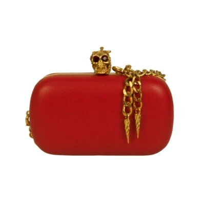 Alexander McQueen Red Leather Crystal Studded Gold Stabbed Skull Clasp Clutch - Image 1 of 4
