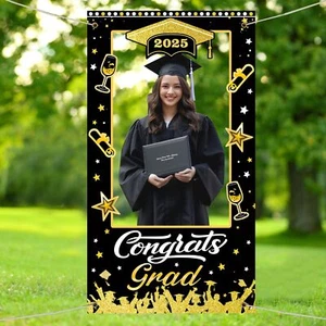2025 Graduation Photo Booth Prop Gold Black Congrats Grad High School College - Picture 1 of 7