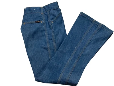 Kids 23 x 26 Vtg 70s Mr Leggs Denim Blue JEANS Flares High Waist Triple Stitch - Image 1 of 4