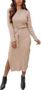 Women's Long Sleeve Crewneck Two Side Slit Tie Slim Fit Sweater Dress - Small - Picture 1 of 7