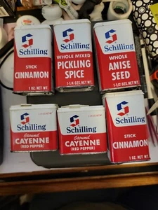 Lot 6 VINTAGE SCHILLING SPICE TIN Pickling, Anise, Cinnamon, Cayenne - Picture 1 of 1