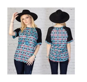 Damen Azteken Shirt Damen Spitze Kurzarm Geometrisches Oberteil Blau Schwarz S-3X - Bild 1 von 4