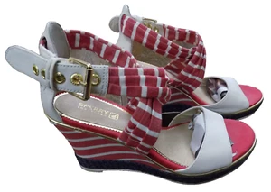 Sperry Top Sider Aurora Red White Striped Espadrilles 3.5" Wedge Sandals 8 EUC - Picture 1 of 10