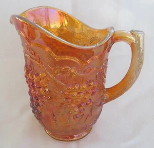 Marigold (Orange) Imperial Carnival Glass 8” Pitcher Grape Pattern Smooth Rim - Picture 1 of 12