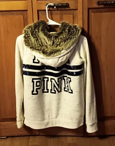 VICTORIAS SECRET PINK BLING SEQUIN FAUX FUR ZIP HOODIE. SMALL. FIRM LOW PRICE  - Picture 1 of 14
