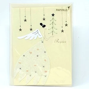 NEW Papyrus Angel and Stars "Rejoice" Christmas Card With Glitter & Rhinestones - Picture 1 of 13