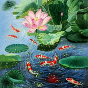 Blume Lotus Feng Shui Koi Fisch Malerei Wohnkultur Wandkunst auf Leinwand gedruckt - Bild 1 von 7