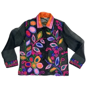 Vintage Blouse Womens Size L Black Embroidered Floral Silk Sheer Button Up Top - Picture 1 of 16