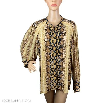 Blusa Top Joie Estampado Piel de Serpiente Marrón Dorado Manga Larga Abotonada Talla Grande Foto 1 de 4