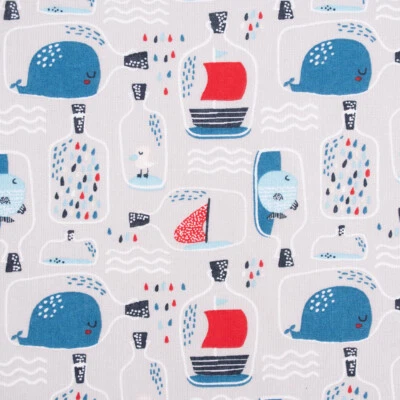 Baumwollstoff Bottle Flaschenpost Wal grau blau rot 1,40m Breite - Bild 1 von 4