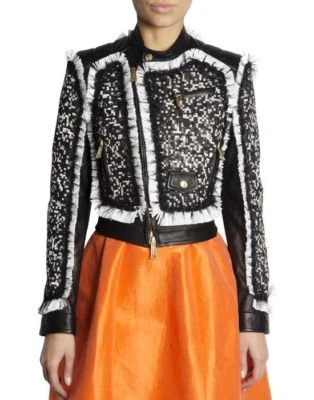 LEATHER BIKER JACKET COAT DSQUARED2 RUFFLES SILVER LUREX 42 IT 38 FR - Image 1 of 4