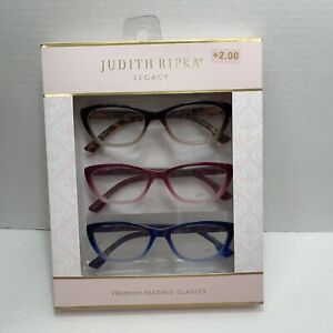 Judith Ripka’s Legacy Women’s 3 Pair Premium Reading Glasses +2.00 Blue Pink NEW