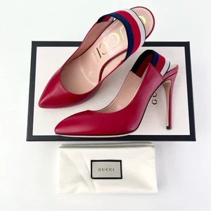 GUCCI | Sylvie Web Stripe Slingback Red Leather Pointed Pumps EU 39 US 9 - Picture 1 of 16