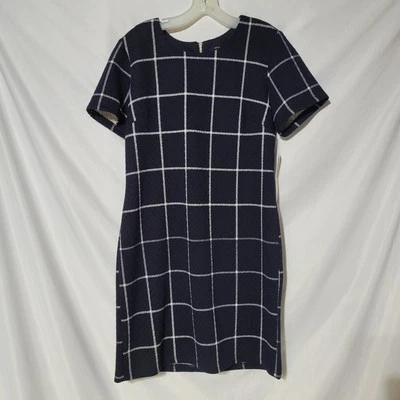 NUEVO - Talla 10 - Vestido SHARAGAN Azul Marino y Blanco Cuadros Hasta la Rodilla, Elástico, Cremallera Foto 1 de 4