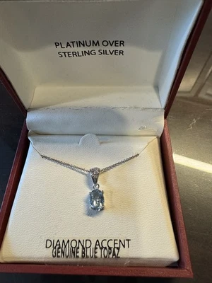 NWT 18kt Platinum over Sterling Silver Genuine BlueTopaz Diamond Accent Necklace - Image 1 of 4