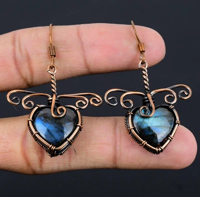 Maravillosos pendientes joyas envolventes de alambre de cobre piedras preciosas hechas a mano de labradorita Foto 1 de 4