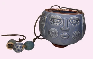 Fioriera viso in ceramica da appendere blu boho 4 pollici dettagli perline - Foto 1 di 9