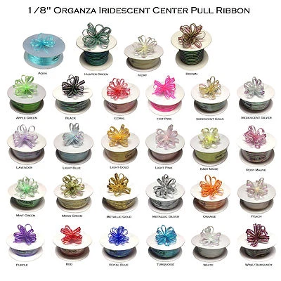1/8" 50 Yards Organza Iridescent Center with String Pull Ribbon Bow  28 Colors - Image 1 of 4