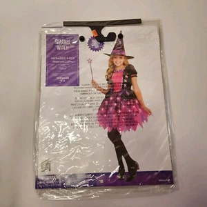 Disfraz de bruja brillante iluminada de lujo para niños vestido rosa púrpura niño 3-4 sombrero - Imagen 1 de 7