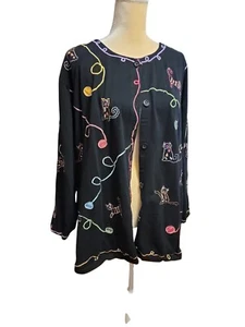 Michael Simon Lite Sz 3X Vintage Embroidered Cats Playing with Yarn - Picture 1 of 9