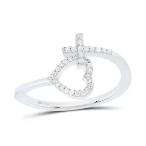 Sterling Silver Womens Round Diamond Heart Cross Band Ring 1/10 Cttw - Picture 1 of 1